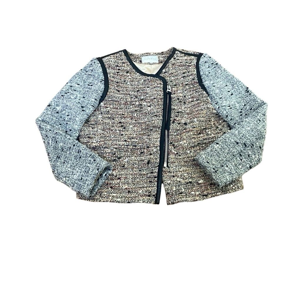 Sandro Paris Vertige Tweed Lamb Leather‎ Motorcycle Jacket - Picture 3 of 8